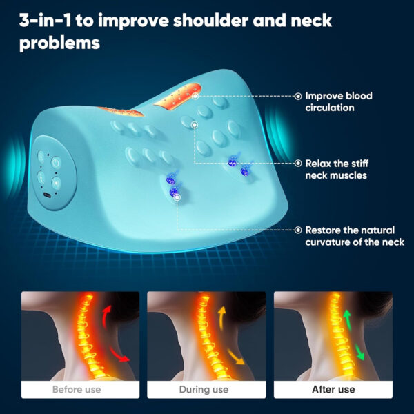 Neck and Shoulder Relaxer with Heat, 3 Modes, Portable Neck Pillows for Pain Relief and Muscle Relax, 26° Angle Cervical Traction Device for Back, Neck and Shoulder, Blue