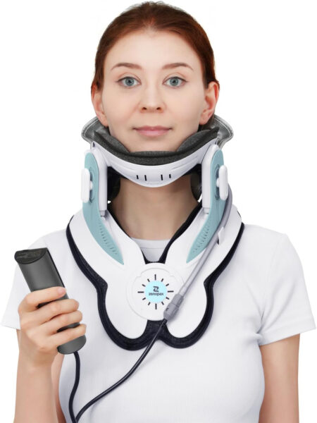 Cervical Neck Traction Device – Adjustable Cervical Traction Device with Electric Air Pump, 3 Power Traction Neck Stretcher with 8 Built-in Airbag Support for Neck Tension Relief, Blue