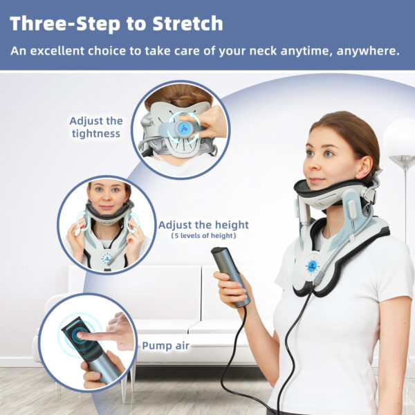 Cervical Neck Traction Device – Adjustable Cervical Traction Device with Electric Air Pump, 3 Power Traction Neck Stretcher with 8 Built-in Airbag Support for Neck Tension Relief, Blue