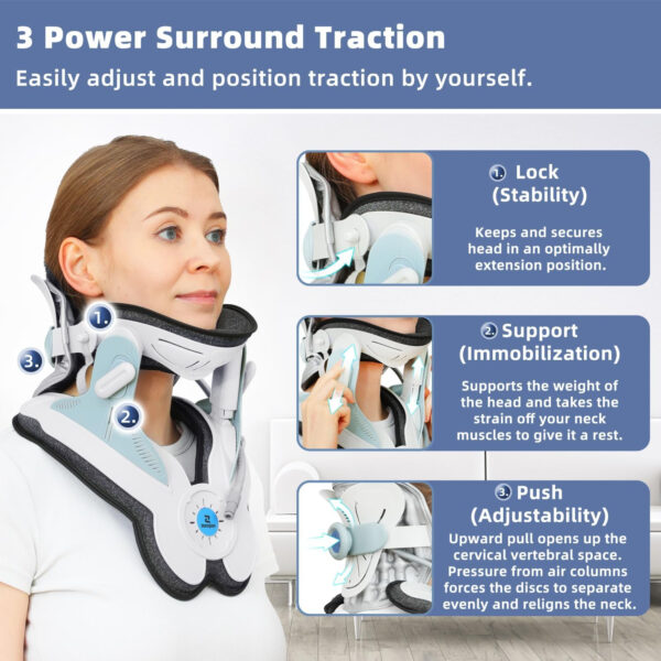 Cervical Neck Traction Device – Adjustable Cervical Traction Device with Electric Air Pump, 3 Power Traction Neck Stretcher with 8 Built-in Airbag Support for Neck Tension Relief, Blue