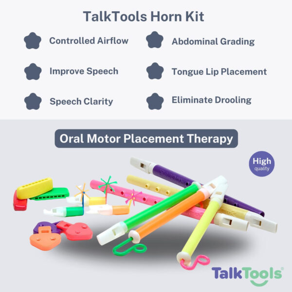 TalkTools Horn Kit | Oral Motor Placement Therapy | Improve Speech, Tongue Lip Placement | Reduce or Eliminate Drooling | Abdominal Grading | Controlled Oral Airflow, and Speech Clarity – 12 Tools