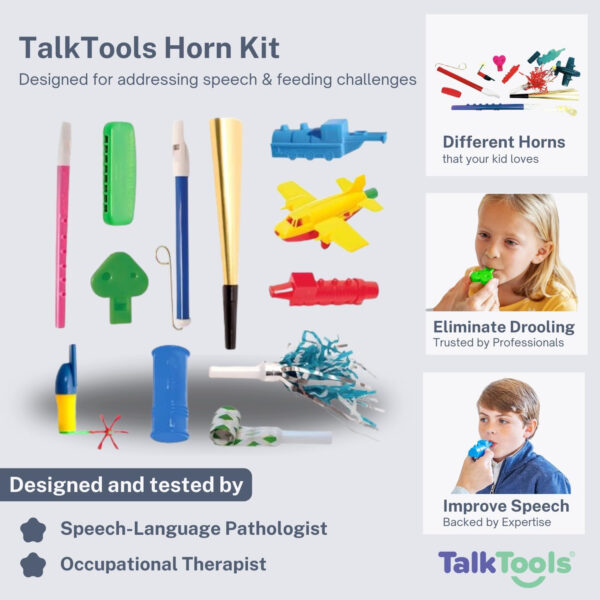 TalkTools Horn Kit | Oral Motor Placement Therapy | Improve Speech, Tongue Lip Placement | Reduce or Eliminate Drooling | Abdominal Grading | Controlled Oral Airflow, and Speech Clarity – 12 Tools