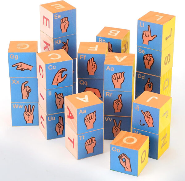 Yousoontic 28 Pcs American Sign Language Blocks Wooden Sign Language Cubes ASL Alphabet Blocks Sign Language Gift for Hearing Impaired and Speech Therapists