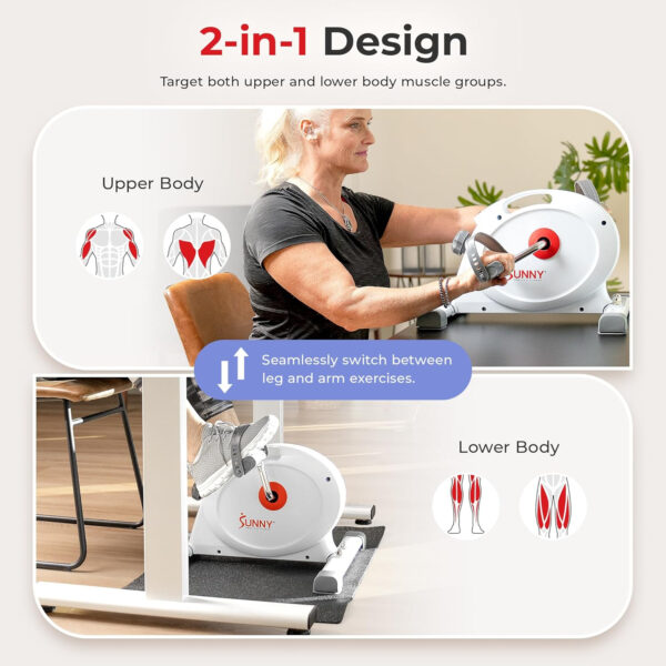 Sunny Health & Fitness Smart Exercise Bike, Under Desk Mini Arm/Leg Pedal Exerciser for Senior Workout, Cycle Cardio Training at Home, Free SunnyFit App Connect, Optional in Color, Mat/Workout Bands