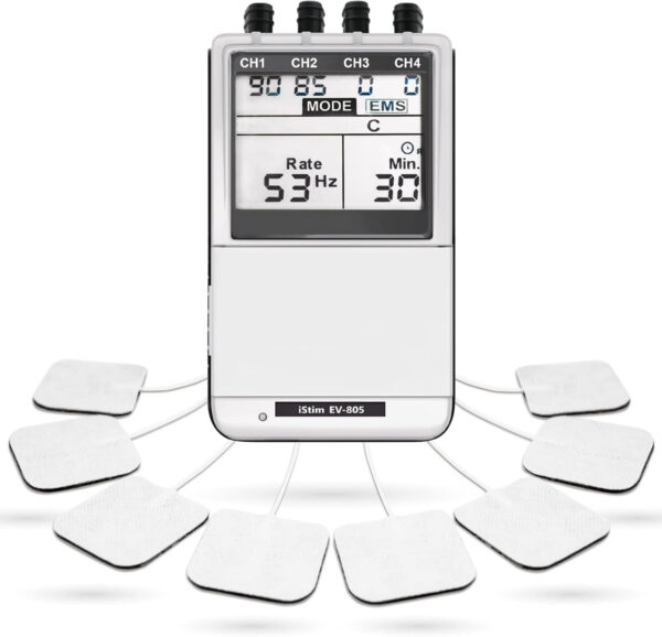 iSTIM EV-805 TENS EMS 4 Channel Rechargeable Combo Machine Unit – Muscle Stimulator + Back Pain Relief and Management- 24 Programs/Backlit (Including Electrodes Pads)