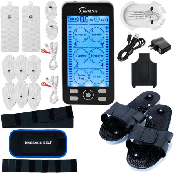 TechCare Plus 24 Modes Tens Unit Muscle Stimulator Massager Rechargeable Unit Electric Complete Set + Massage Belt + Reflexology Shoes Back Neck Pain