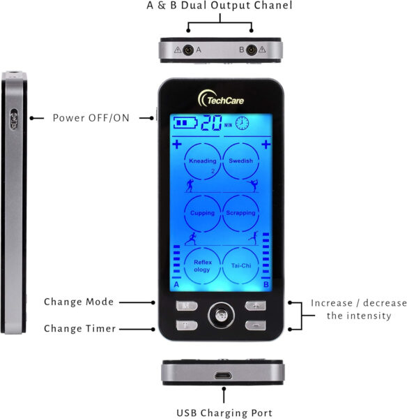 TechCare Plus 24 Modes Tens Unit Muscle Stimulator Massager Rechargeable Unit Electric Complete Set + Massage Belt + Reflexology Shoes Back Neck Pain