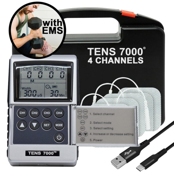 TENS 7000 Pro Rechargeable Tens Unit Muscle Stimulator, 4 Channels, Back Pain Relief, 8 Electrodes/Unit Pads, EMS and TENS Machine, Muscle Recovery & Growth, Stim Machine, Electrotherapy