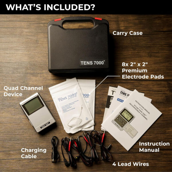 TENS 7000 Pro Rechargeable Tens Unit Muscle Stimulator, 4 Channels, Back Pain Relief, 8 Electrodes/Unit Pads, EMS and TENS Machine, Muscle Recovery & Growth, Stim Machine, Electrotherapy