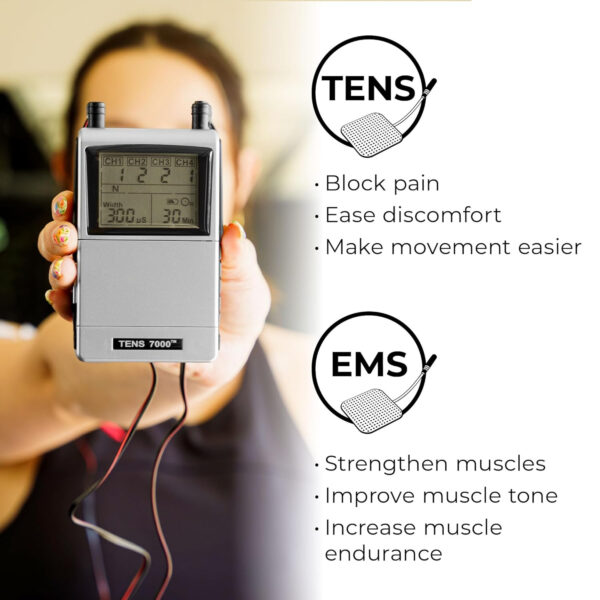 TENS 7000 Pro Rechargeable Tens Unit Muscle Stimulator, 4 Channels, Back Pain Relief, 8 Electrodes/Unit Pads, EMS and TENS Machine, Muscle Recovery & Growth, Stim Machine, Electrotherapy