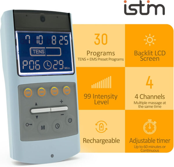 iStim TENS EMS Muscle Stimulator, EV-906 for Pain Relief and Muscle Strengthening, Japanese Gelled Electrodes Included