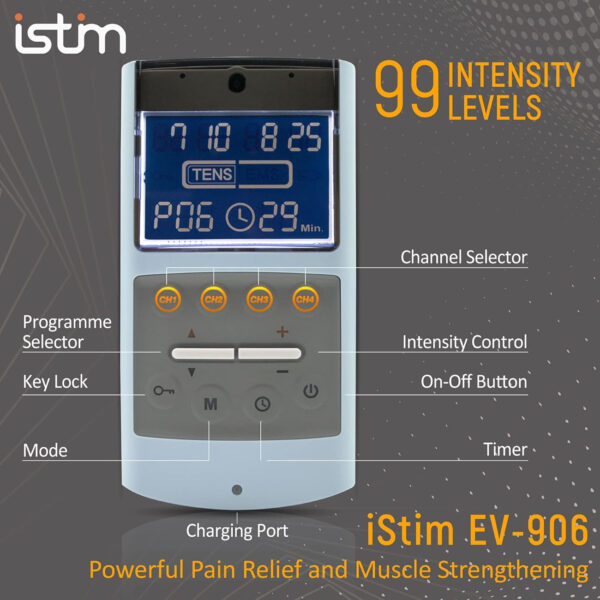 iStim TENS EMS Muscle Stimulator, EV-906 for Pain Relief and Muscle Strengthening, Japanese Gelled Electrodes Included