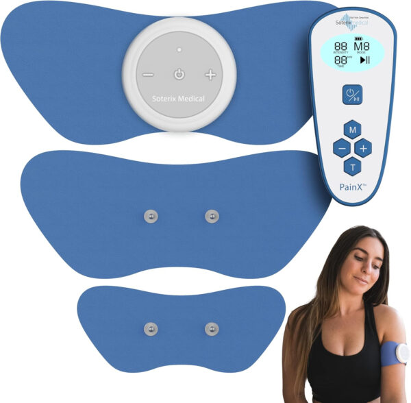 PainX TENS Wireless Tens Unit Muscle Stimulator with EMS – FSA Tens Unit for Back Pain, Knee, Neck and Face with Remote Control, Portable Tens Unit Wireless, Rechargeable Electrode Pad