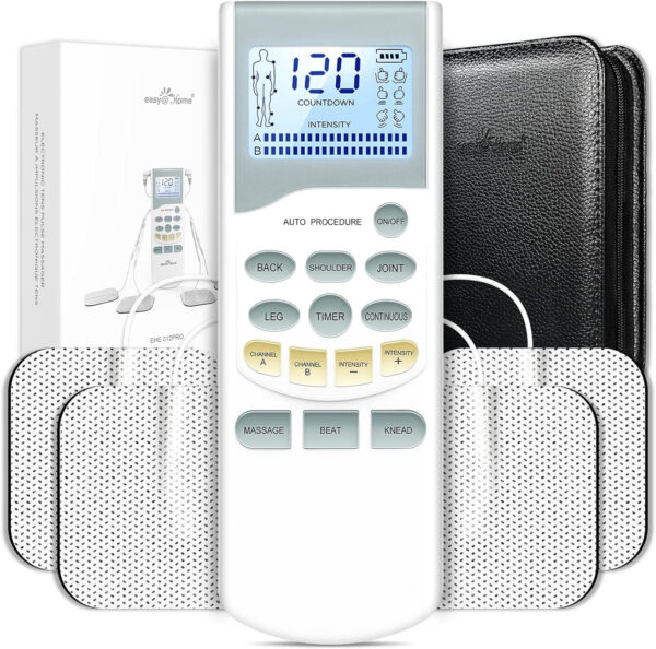 Easy@Home Rechargeable TENS Unit Professional Grade Electronic Pulse Massager – Backlit LCD Display, Leather storage bag, Powerful Pulse Intensity, 510K Cleared, FSA Eligible OTC Home Use, EHE012PRO