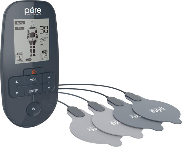 Pure Enrichment PurePulse Trio TENS & EMS Muscle Stimulator + Heat – Advanced Relief with 9 TENS Modes, 7 EMS Modes, 2 Heat Settings, Dual Channels + Convenient Portable Belt Clip & Storage Bag