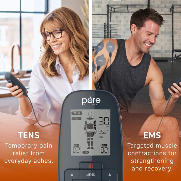 Pure Enrichment PurePulse Trio TENS & EMS Muscle Stimulator + Heat – Advanced Relief with 9 TENS Modes, 7 EMS Modes, 2 Heat Settings, Dual Channels + Convenient Portable Belt Clip & Storage Bag