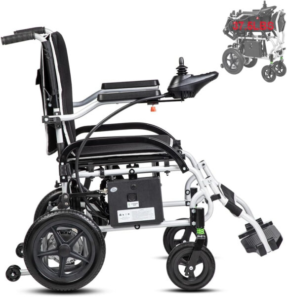 Super Lightweight 37.5lbs Foldable Electric Wheelchairs for Adults and Seniors – Portable Motorized Wheelchair-360W Motor -Dual Battery Hanger fit for Right Left User