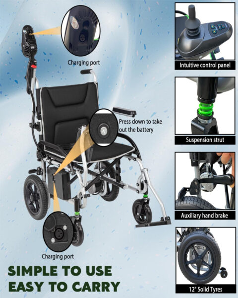 Super Lightweight 37.5lbs Foldable Electric Wheelchairs for Adults and Seniors – Portable Motorized Wheelchair-360W Motor -Dual Battery Hanger fit for Right Left User