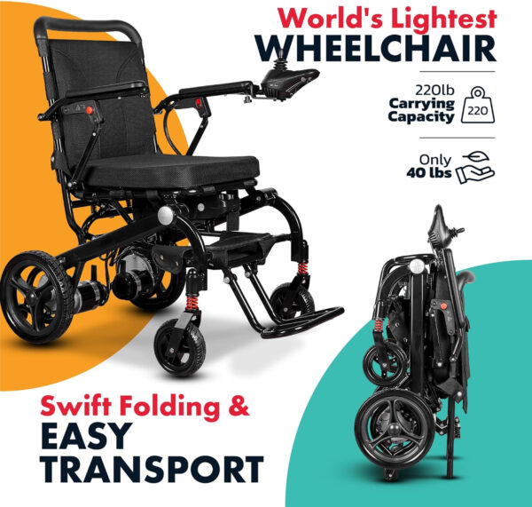 MaritSA Intelligent Lightweight Foldable Electric Wheelchair, Travel Size, Weights only 40 lbs – Serviced from USA – Detachabe Battery – 500W Motor Power