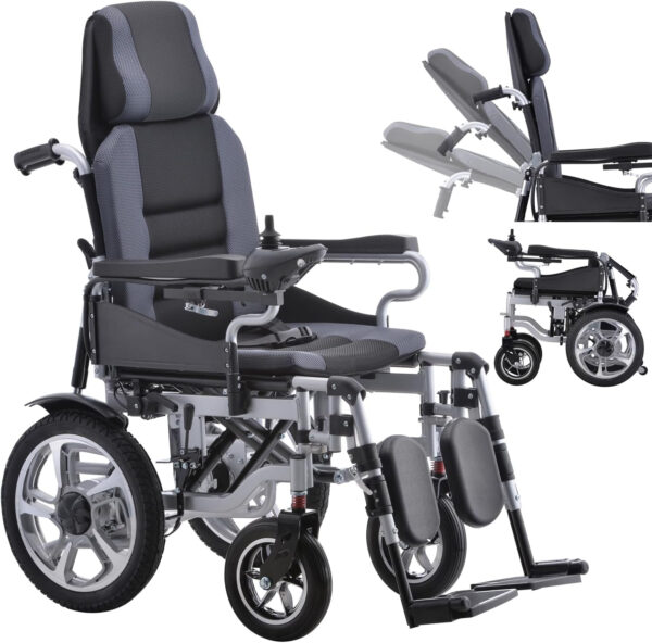 Reclining Intelligent Electric Wheelchair Folding Power Motorized Wheelchair All Terrain Motorized Wheelchair for Seniors 20AH 20 Miles Range Heavy-Frame Electric Wheelchair 300LBS Capacity Silver