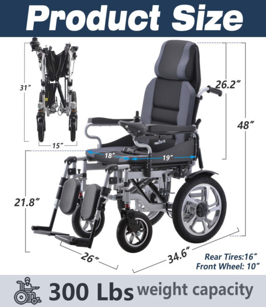 Reclining Intelligent Electric Wheelchair Folding Power Motorized Wheelchair All Terrain Motorized Wheelchair for Seniors 20AH 20 Miles Range Heavy-Frame Electric Wheelchair 300LBS Capacity Silver