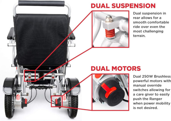 Porto Mobility Ranger Discovery Lightweight Foldable Weatherproof Exclusive Electric Wheelchair, Portable, Brushless Powerful Motors, Dual Battery, All Terrain (Silver, Standard)