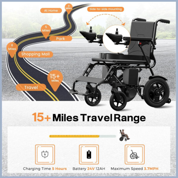 Electric Wheelchair for Adults, POWET Lightweight and Foldable Wheelchairs, Motorized Intelligent Wheelchair 15 Miles Long Travel Range All Terrain Motorized Wheelchair with Powerful Motor (Black)