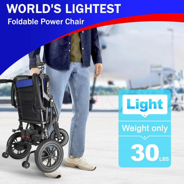 Foldable Electric Wheelchair for Adults Seniors 30 Lbs Lightweight Motorized Wheelchair All Terrain Power Wheelchair with Detachable Battery Liftable Armrest Airline Approved Dark Blue