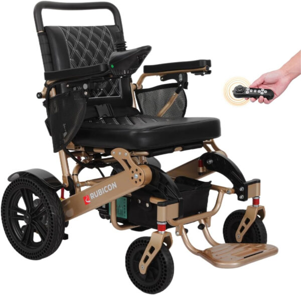 Rubicon DX14 – Longest Range 30 Miles, Airline Approved Electric Wheelchair, Dual 12AH Lithium Batteries, 2x300W Motors, Leather Cushion, Foldable, Lightweight & Powerful for Travel & Mobility