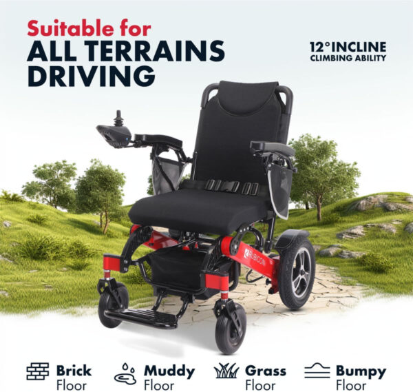 Rubicon DX14 – Longest Range 30 Miles, Airline Approved Electric Wheelchair, Dual 12AH Lithium Batteries, 2x300W Motors, Leather Cushion, Foldable, Lightweight & Powerful for Travel & Mobility