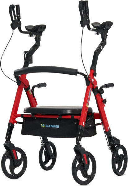 ELENKER Heavy Duty Upright Walker with Extra Wide Padded Seat and Backrest, Aluminum Bariatric Stand Up Rolling Walker, 10” Wheels, Fully Adjustment Frame, Support up to 500 lbs for Seniors, Red