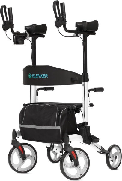 ELENKER Upright Rollator Walker, Stand Up Rolling Walker, Mobility Walking Aid with 10” Front Wheels, Seat and Armrest for Seniors and Adults, White