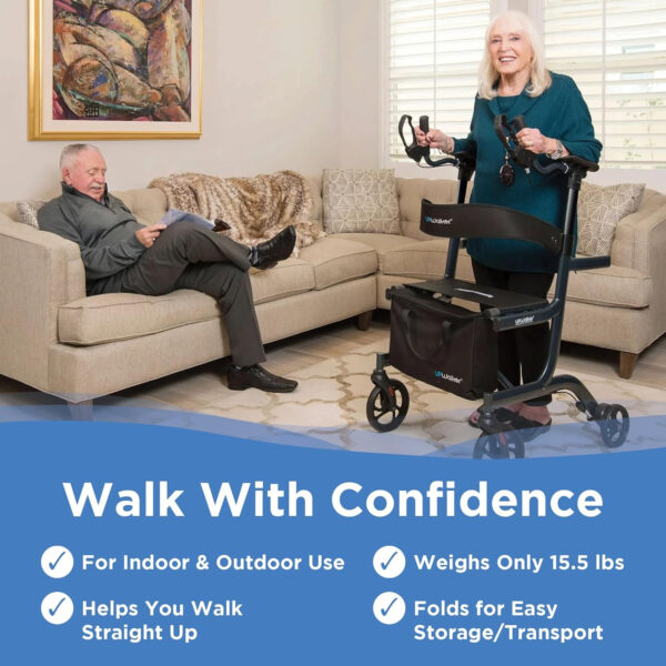 Journey UPWalker Lite – The Original Upright Walker – Premium, Lightweight Adjustable Upright Rollator Walker with Narrow Build, Seat & Reduced Turning Radius for Adults, Seniors & The Elderly