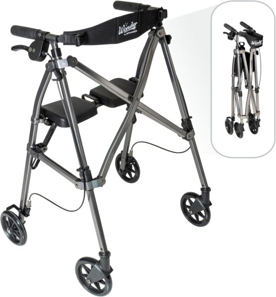 Stander Wonder Rollator, Lightweight Folding Space Saver Mobility Rolling Walker for Seniors and Adults, 6-inch Wheels, Locking Brakes, and Padded Seat with Backrest, Black Walnut