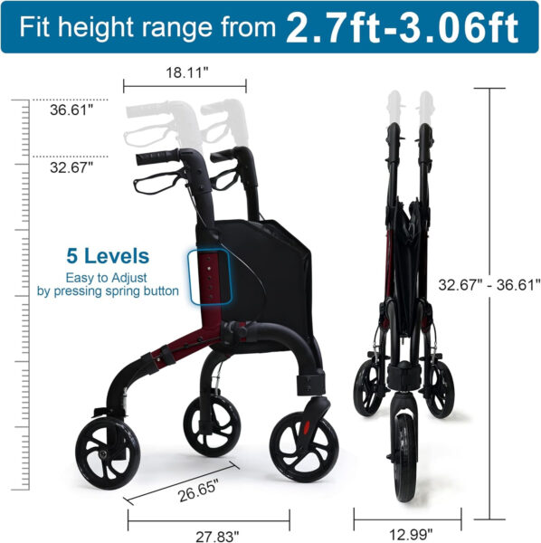 Premium 3 Wheel Rollator Walker for Seniors, Lightweight Foldable Elderly Three Wheeled Rollator with Storage Bag, Aluminum Mobility Aid Rolling Walker (Black & Red)