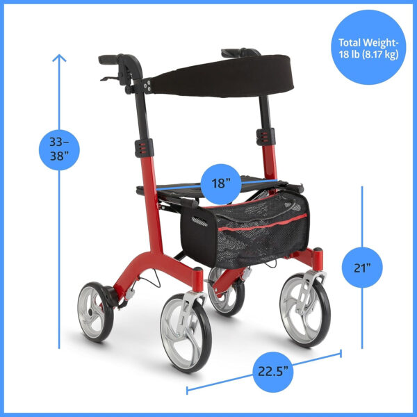 Medline European Style Lightweight Rollator with Backrest – Strong, Comfortable, Maneuverable Support & 300 lbs. Weight Capacity for Greater Freedom & Mobility