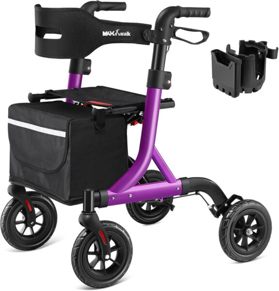 Walkers for Seniors, Rollator Walker with Seat, 8″ Rubber Wheels All Terrain Rollator Walker with Backrest, Aluminum Walkers Built-in Cable, Foldable and Adjustable Height for Seniors, Purple