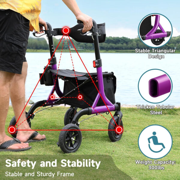 Walkers for Seniors, Rollator Walker with Seat, 8″ Rubber Wheels All Terrain Rollator Walker with Backrest, Aluminum Walkers Built-in Cable, Foldable and Adjustable Height for Seniors, Purple