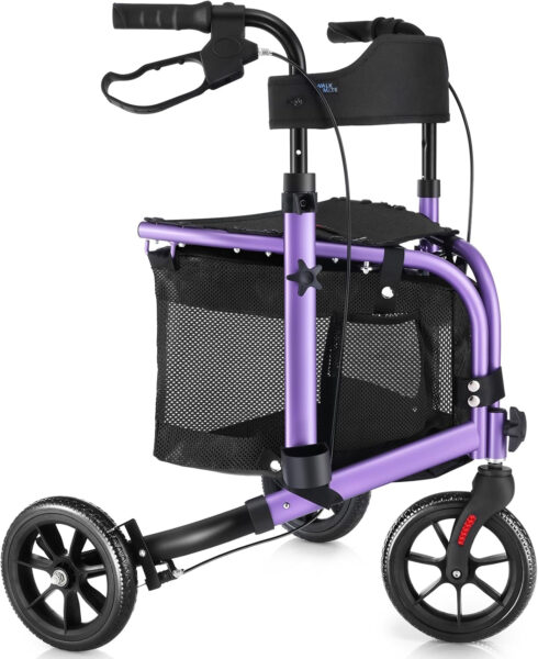 3 Wheel Rollator Walker with Seat for Slim Seniors, Padded Backrest Lightweight Foldable Walker Ideal for Elderly, 8 Inch Tri-Wheel Modern Mobility Walking Aid Aluminum, Purple