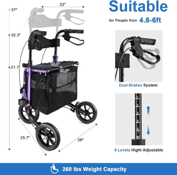 3 Wheel Rollator Walker with Seat for Slim Seniors, Padded Backrest Lightweight Foldable Walker Ideal for Elderly, 8 Inch Tri-Wheel Modern Mobility Walking Aid Aluminum, Purple