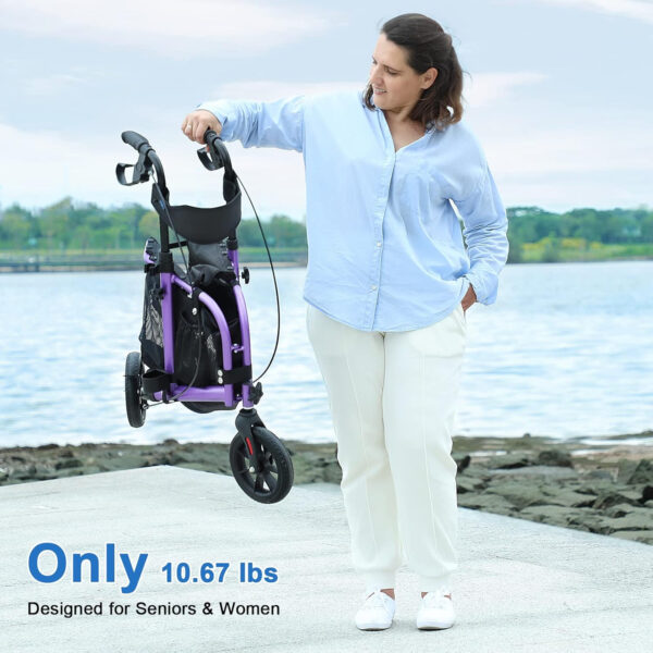 3 Wheel Rollator Walker with Seat for Slim Seniors, Padded Backrest Lightweight Foldable Walker Ideal for Elderly, 8 Inch Tri-Wheel Modern Mobility Walking Aid Aluminum, Purple