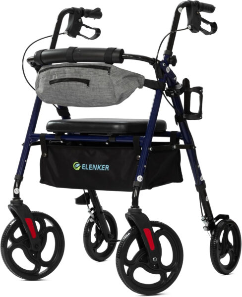 ELENKER Rollator Walker with Front Pouch, 10”Wheels, Sponge Padded Seat and Backrest, Fully Adjustment Frame for Seniors, Blue