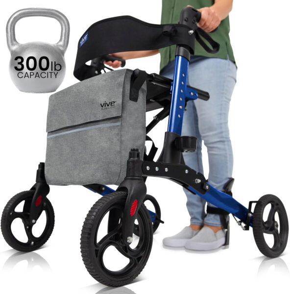 Vive Tall Rollator Walker with Seat for Seniors, Men – All Terrain, Rolling, Folding, Heavy Duty, Medical, Extra Large 4 Wheels, Brakes, with Bag – for Adults, Lightweight Premium Scooter Aid