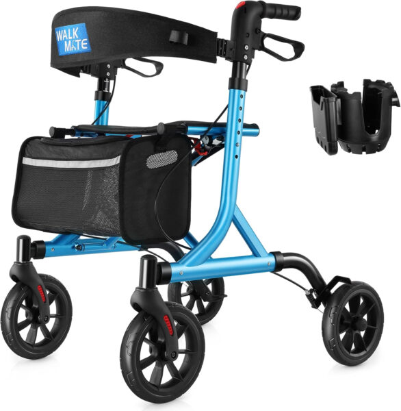 Rollator Walker for Seniors with Cup Holder, Upgraded Thumb Press Button for Height Adjustment, 4 x 8 Wheels Walker with Seat Padded Backrest Folding Lightweight Walking Aid, Blue