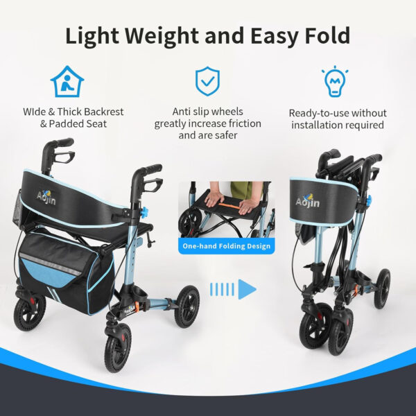 Rollator Walker for Seniors, Lightweight Foldable All Terrain Rolling Walker with seat, Aluminum Walkers with 8 inch Rubber Wheels, Handles and Backrest for Seniors and Adult (Blue)