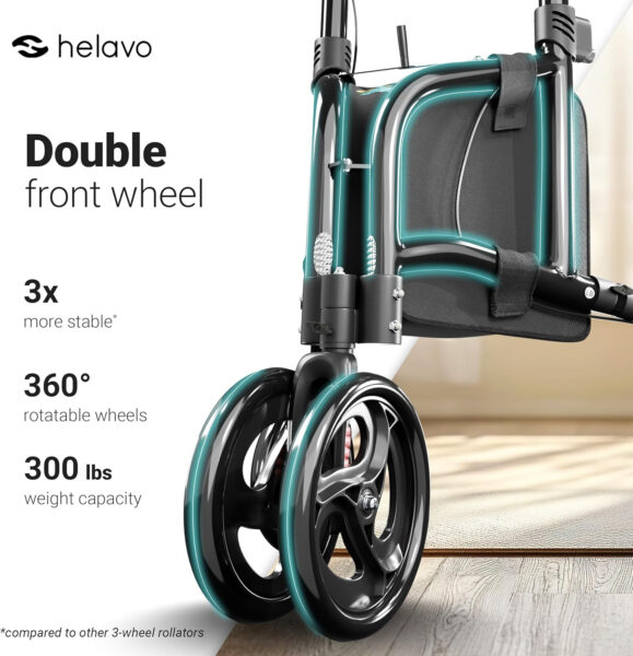 Helavo 3 Wheel Rollator Walker for Seniors, 8″ Wheels – Ultra Lightweight Foldable Narrow Walker for Small Spaces, Aluminum Three Wheel Mobility Aid with Height Adjustable Handles, Black