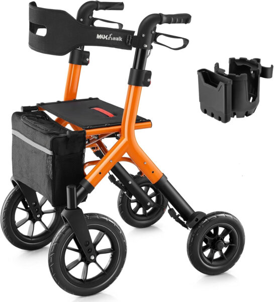 Rollator Walker with Seat, Tall Walkers for Seniors, 12″ Big Rubber Wheels All Terrain Rollator Walker with Backrest, Built-in Cable, Foldable and Dual Adjustable Height for 5.3-7ft, Orange