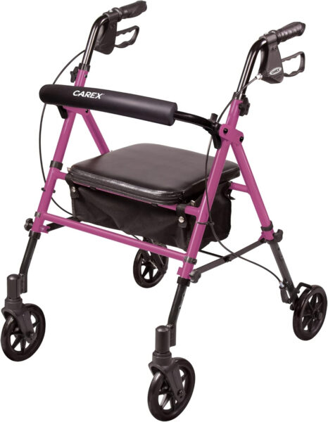 Carex Step ‘N Rest Aluminum Rolling Walker For Seniors, Pink – Rollator Walker With Seat – With Back Support, 6 Inch Wheels, 250lbs Support, Lightweight