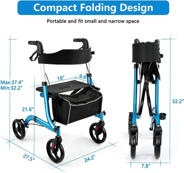 Rollator Walkers for Seniors- Rollator Walker with Seat 8″ Wheels- Easy Folding Senior Walker with Backrest- Lightweight Mobility Walking Aid for Adult Elderly, Aluminum Frame, Blue